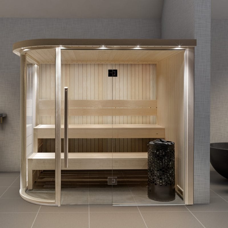 Rounded corner glass fronted bespoke sauna for sale